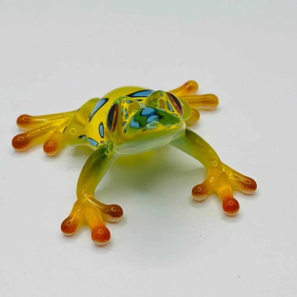Glass Spotted Frog Figurine Green Yellow Decor